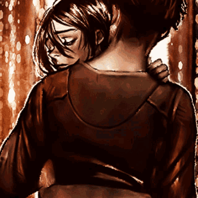 a painting of a woman hugging another woman 's neck