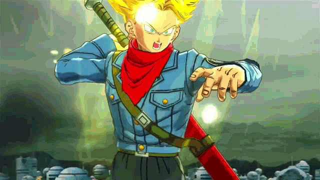 a cartoon character with a sword and a scarf around his neck