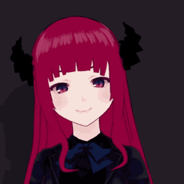 a girl with red hair and blue eyes is wearing a black shirt and bow tie