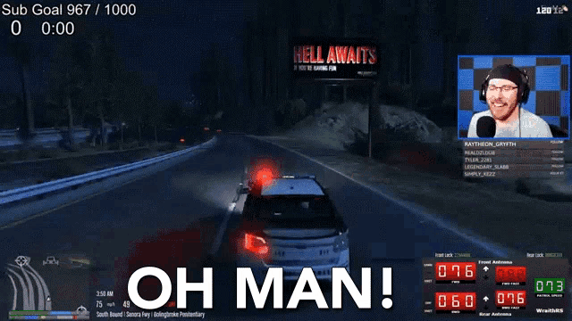 a man is playing a video game with the words oh man on the screen