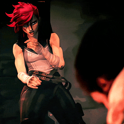 a woman with red hair is standing in a dark room