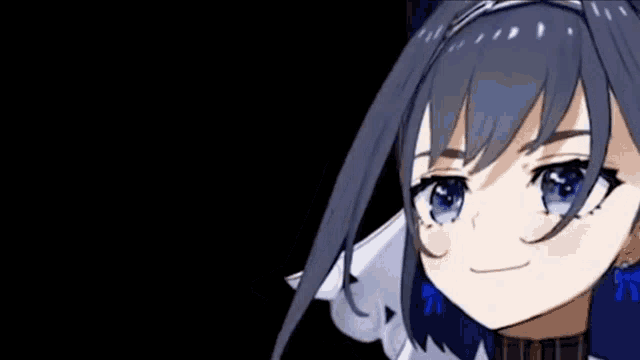 a close up of a cartoon girl with blue eyes and black hair .