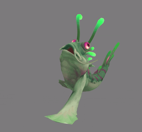 a green and pink frog with glowing eyes is standing on a grey background