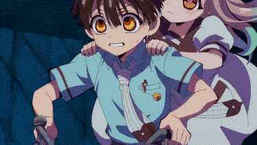 a boy in a blue shirt and tie is being carried by a girl