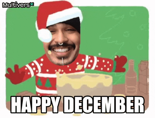 a cartoon of a man wearing a santa hat and a sweater with the words `` happy december '' written on it .