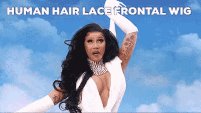 a woman in a white dress is wearing a lace front wig