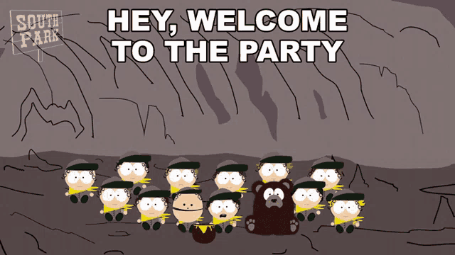 a group of south park characters are standing next to a bear