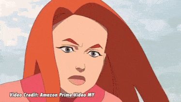 a cartoon of a woman with red hair and the words video credit : amazon prime video my on the bottom