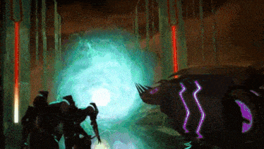 a group of robots standing in front of a portal