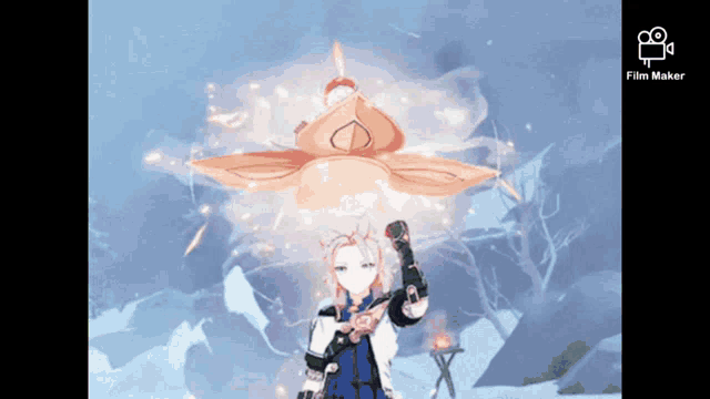 a screenshot of a video game character with a film maker icon in the corner