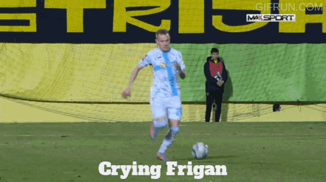a soccer player kicks a ball with the words crying frigan on the bottom