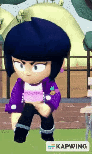a cartoon character in a purple jacket is standing next to a bench with kapwing written on the bottom