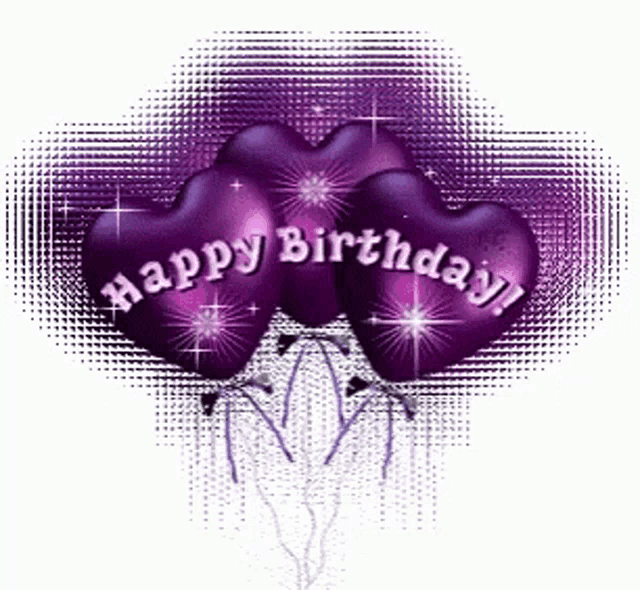 purple heart shaped balloons with the words happy birthday on them