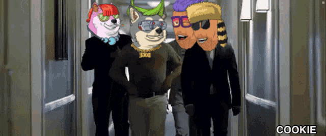 a group of cartoon characters are standing in a hallway and the word cookie is below them