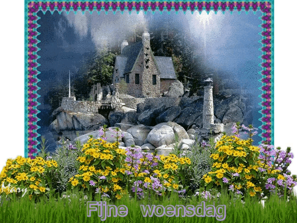a picture of a lighthouse on a rocky island with the words fijne woensdag below it