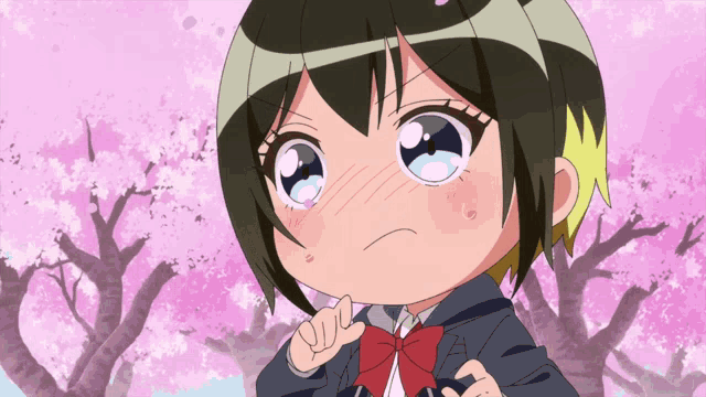 a girl in a school uniform is standing in front of a tree with flowers on it