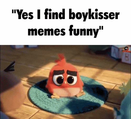 a cartoon character sitting on a rug with the caption " yes i find boykisser memes funny "