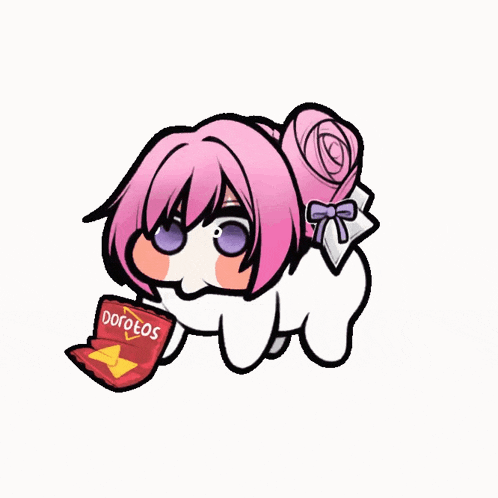 a cartoon of a girl holding a bag of doritos chips