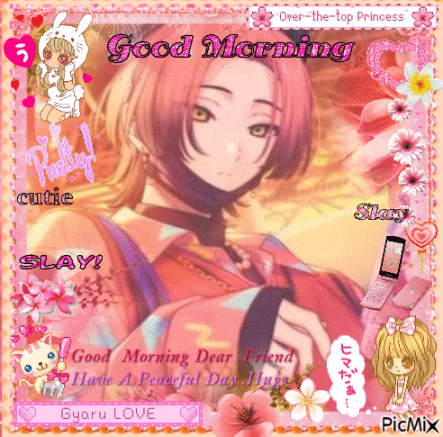 a picture of a girl with the words " good morning dear friend " on it