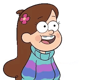 a cartoon girl with a flower in her hair is smiling and wearing a sweater .