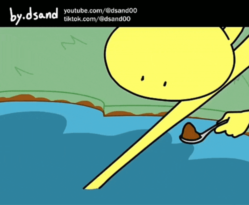 a yellow cartoon character is holding a spoon in front of a body of water and the words youtube.com and tiktok.com are below