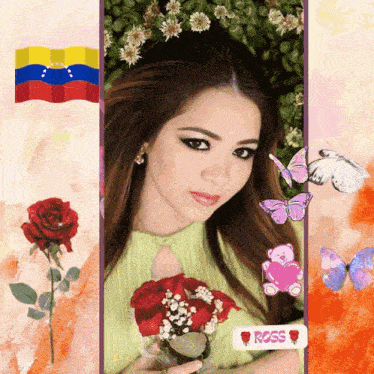 a woman is surrounded by flowers and butterflies and a ross logo