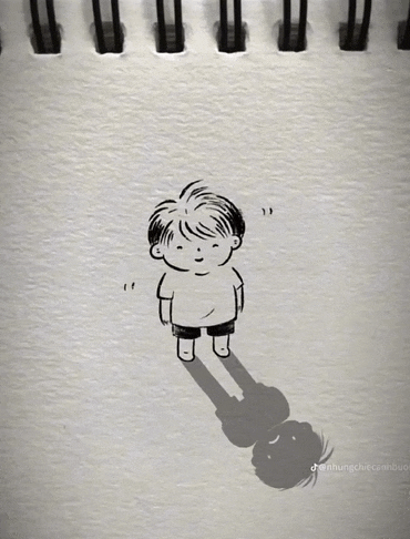 a black and white drawing of a boy standing next to his shadow with the hashtag chungchicchanhbuoi at the bottom