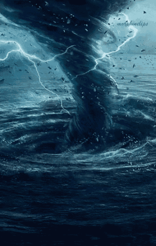 a picture of a tornado in the ocean with lightning strikes