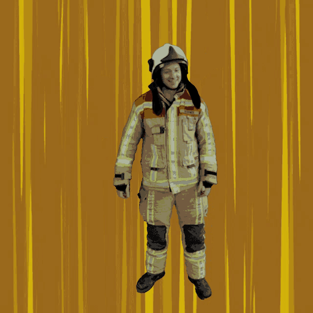 a man in a fireman 's uniform is standing in front of a yellow background