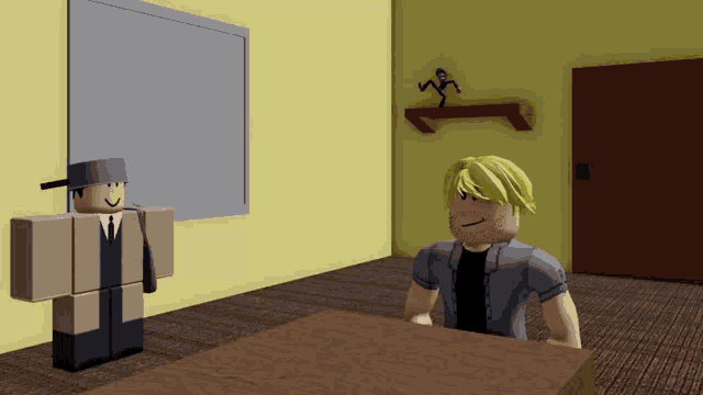 a man in a suit sits at a table in front of a whiteboard
