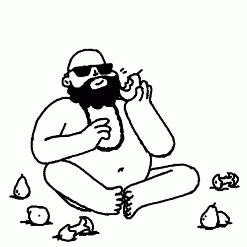 a black and white drawing of a naked man with a beard eating a sandwich .