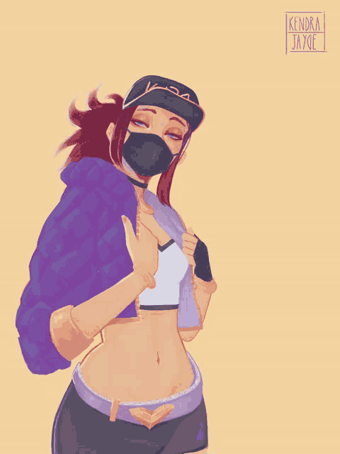 a drawing of a woman wearing a mask with the name kendra jayge on the bottom