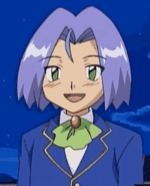 a cartoon character with purple hair and green eyes is wearing a blue jacket
