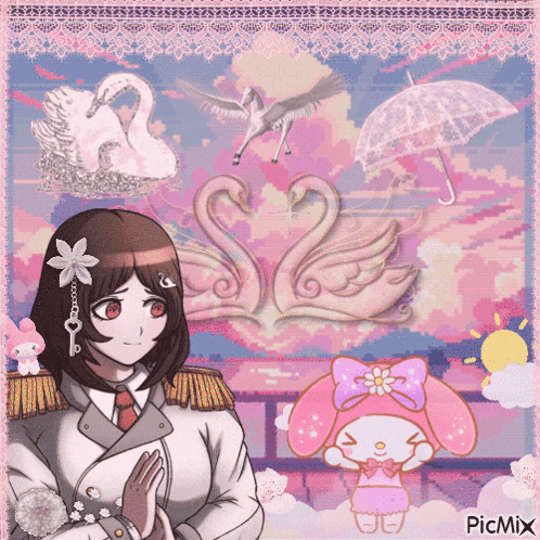 a picture of a girl with swans and umbrellas and a picture of my melody