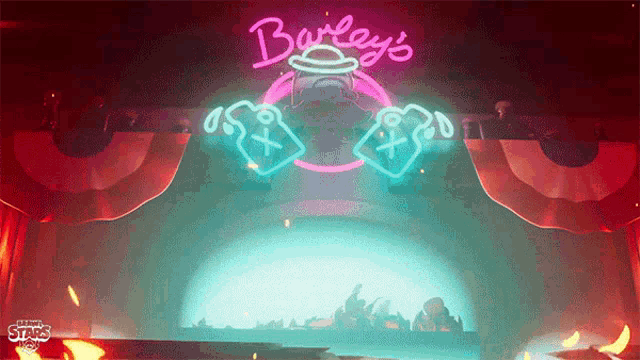 a neon sign for barley 's is lit up