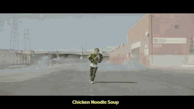 a chicken noodle soup ad with a man running