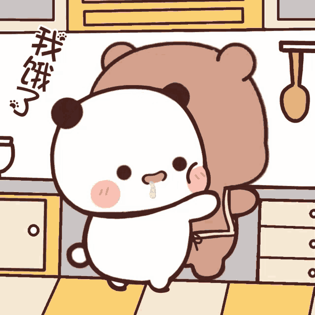 a cartoon drawing of a panda bear and a brown bear standing next to each other