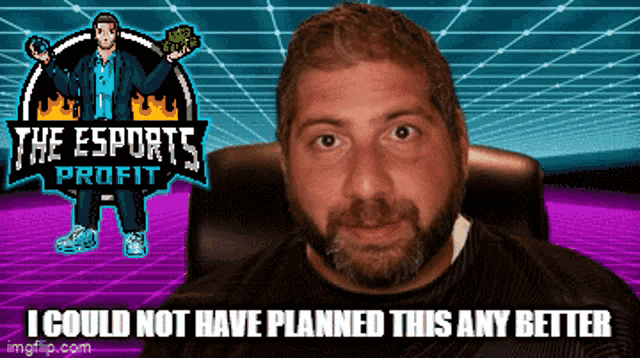 a man with a beard is sitting in front of a sign that says the esports profit