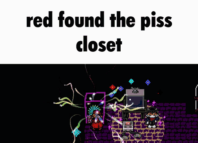 a video game with the words red found the piss closet