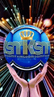 a person holding a blue ball with the word sammy kingdom sammy kin on it