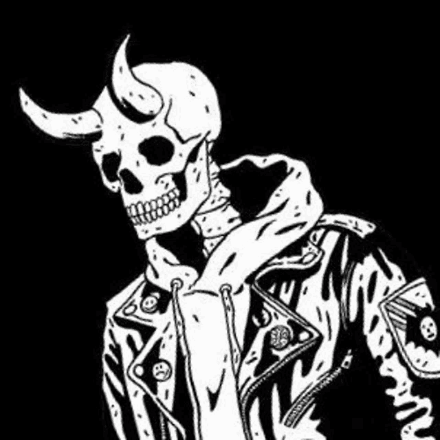 a skull with horns is wearing a leather jacket and scarf .