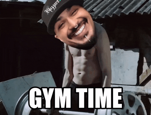 a shirtless man lifting a barbell with the words gym time above him