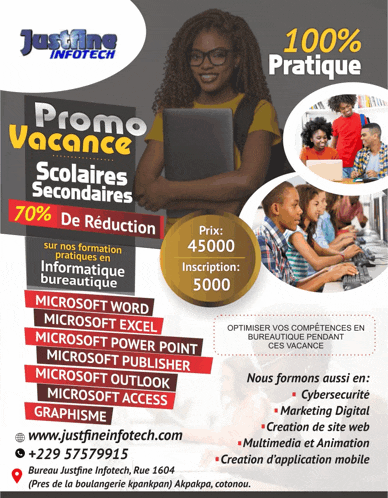 an advertisement for justfine infotech with a woman holding a laptop