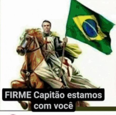 a man riding a horse holding a flag with the words firme capitao estamos com você below him
