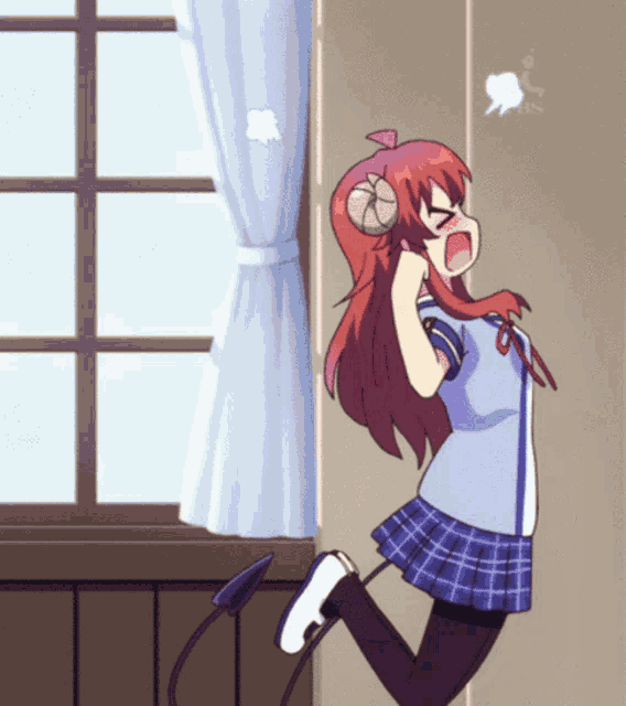 a girl with horns on her head is standing next to a window with her mouth open