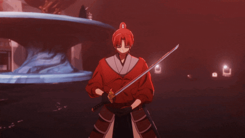 a man in a red shirt is holding a sword