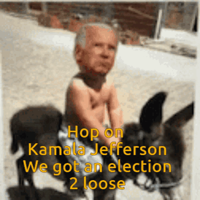 a shirtless child is riding a donkey with the words " hop on kamala jefferson we got an election 2 loose " written below