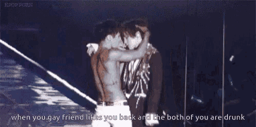 a picture of two men hugging each other with the caption when you gay friend likes you back and the both of you are drunk