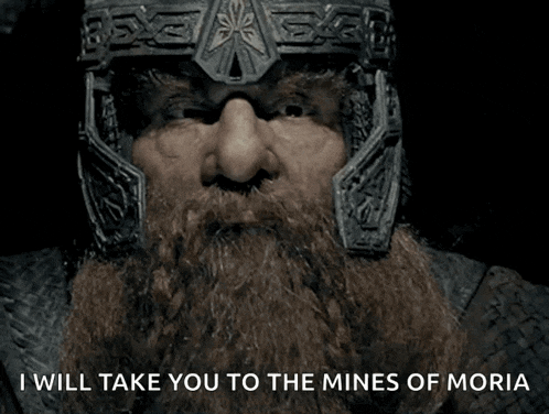 a man with a beard and a helmet says i will take you to the mines of moria