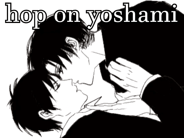 a black and white drawing of two men kissing with the words hop on yoshami